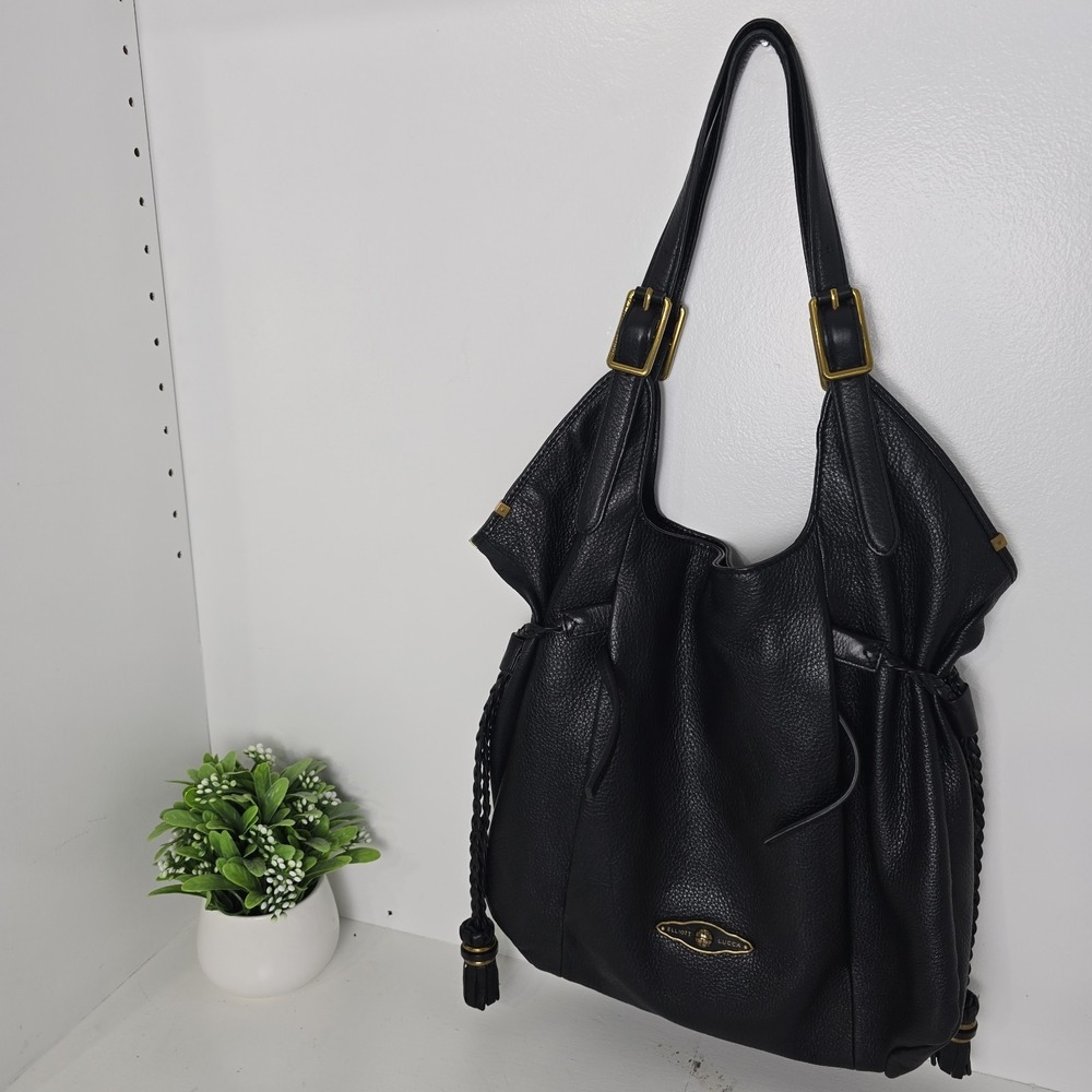 Elliott Lucca Sintra Black Leather Large Handbag Shoulder Bag Tassels Festival